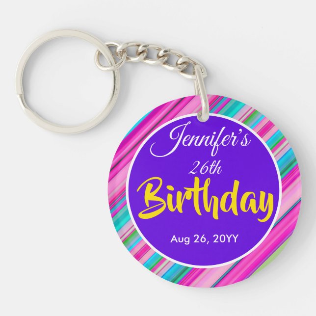 Rainbow Stripes Pattern Birthday Custom Template Key Ring (Front)