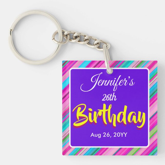 Rainbow Stripes Pattern Birthday Custom Template Key Ring (Front)