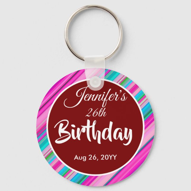 Rainbow Stripes Pattern Birthday Custom Template Key Ring (Front)