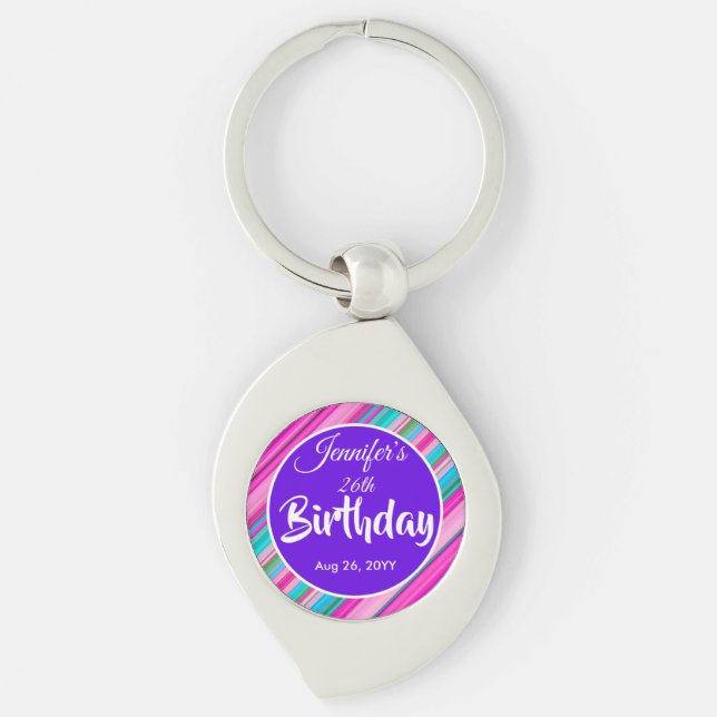 Rainbow Stripes Pattern Birthday Custom Template Key Ring (Front)