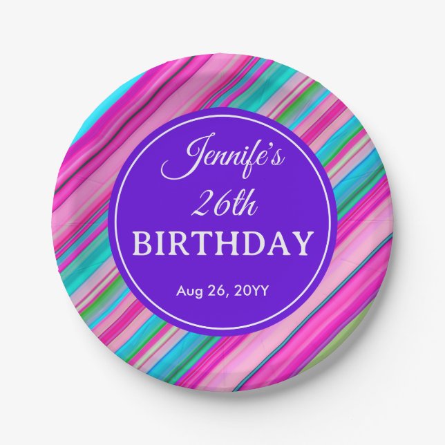 Rainbow Stripes Pattern Birthday Custom Template Paper Plate (Front)