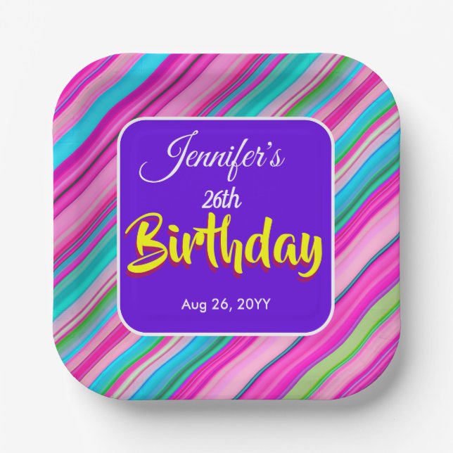 Rainbow Stripes Pattern Birthday Custom Template Paper Plate (Front)