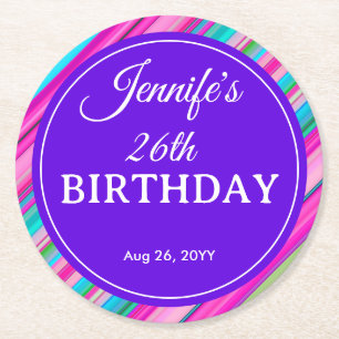 Rainbow Stripes Pattern Birthday Custom Template Round Paper Coaster