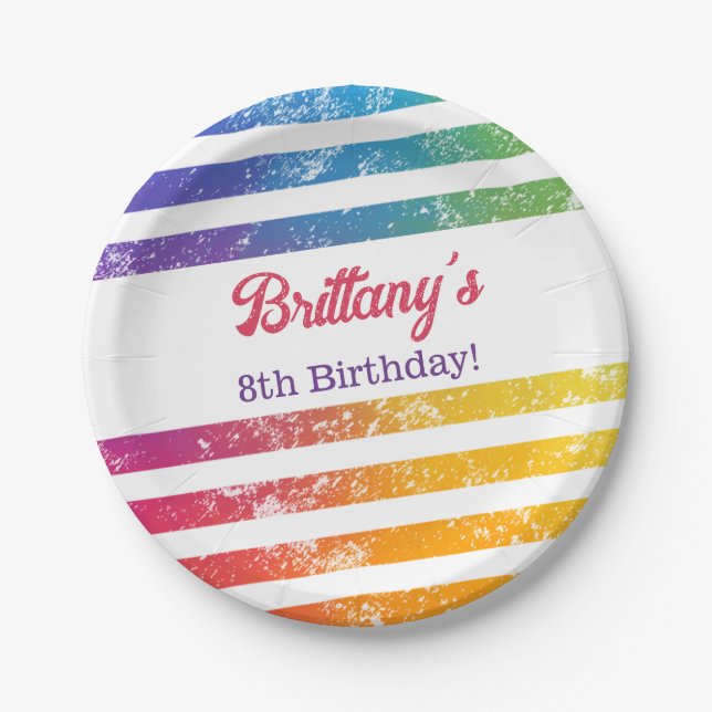 Rainbow Stripes Personalised Name Year Birthday Paper Plate (Front)
