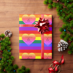 Rainbow Stripes Pride with Hearts & Custom Names Wrapping Paper