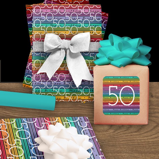Rainbow Stripes Typography 50th Birthday  Wrapping Paper Sheet (need sticker? https://www.zazzle.com/50th_birthday_rainbow_stripes_square_sticker-256853691998719054)