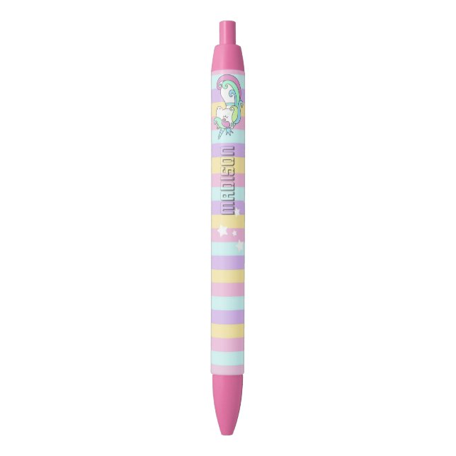 Rainbow stripes Unicorn Stars personalised School Black Ink Pen (Front Vertical)