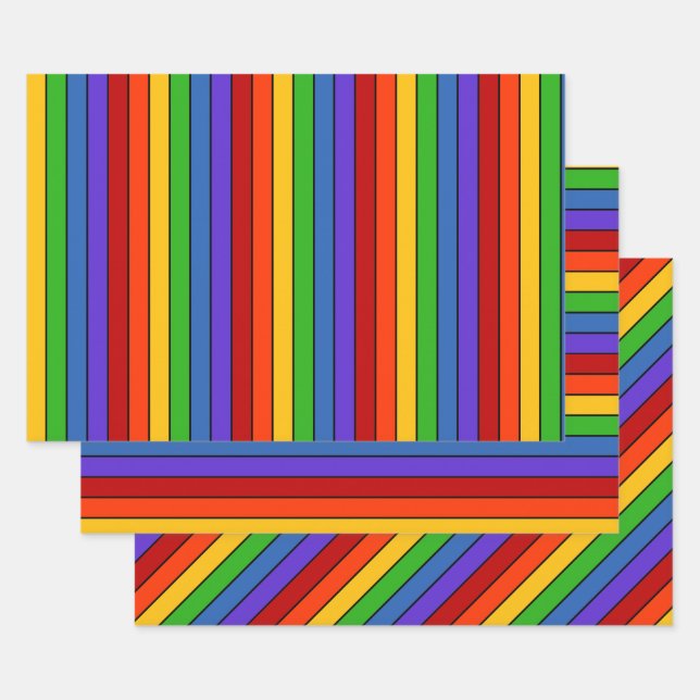 Rainbow Stripes Vertical Horizontal Diagonal Wrapping Paper Sheet (Set)