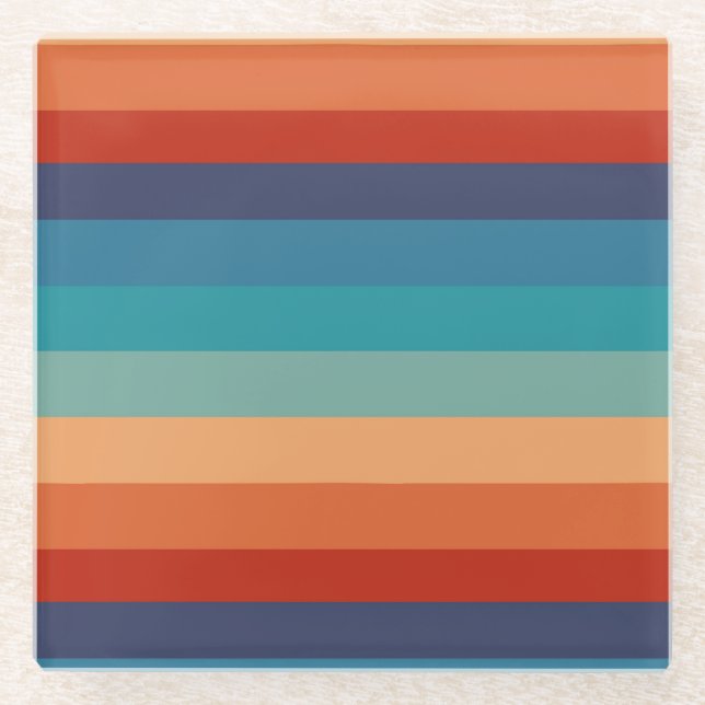 Rainbow Stripes Vintage Old Style Geometric Glass Coaster (Front)