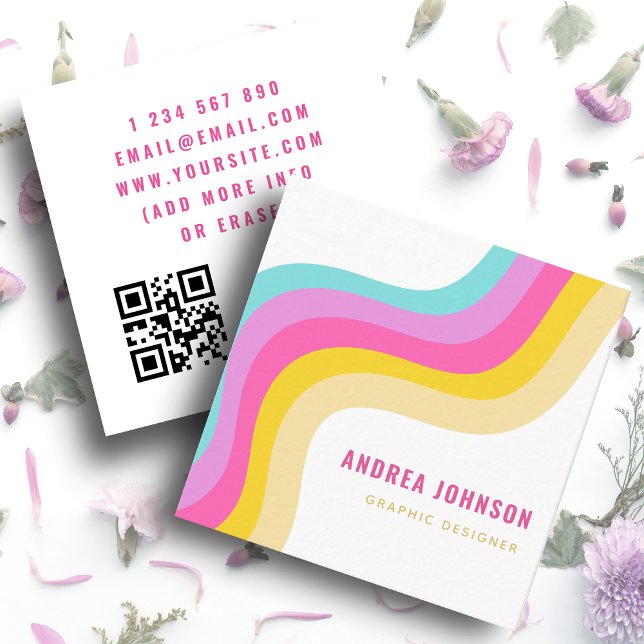 Rainbow Stripes Waves Colourful Minimalist QR Code Square Business Card (Creator Uploaded)