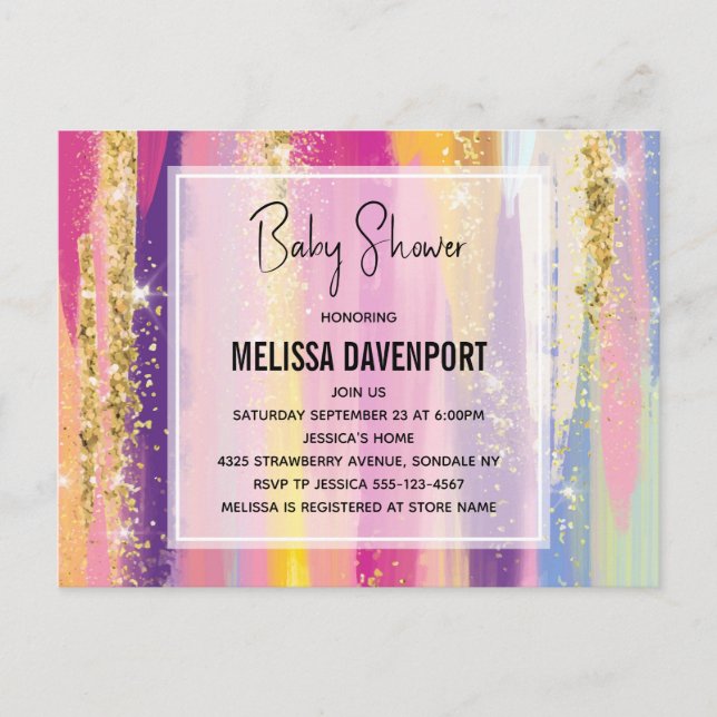 Rainbow Stripes with Faux Glitter Baby Shower Postcard (Front)