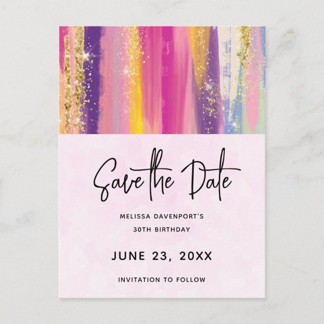 Rainbow Stripes with Faux Glitter Save the Date Invitation Postcard (Front)