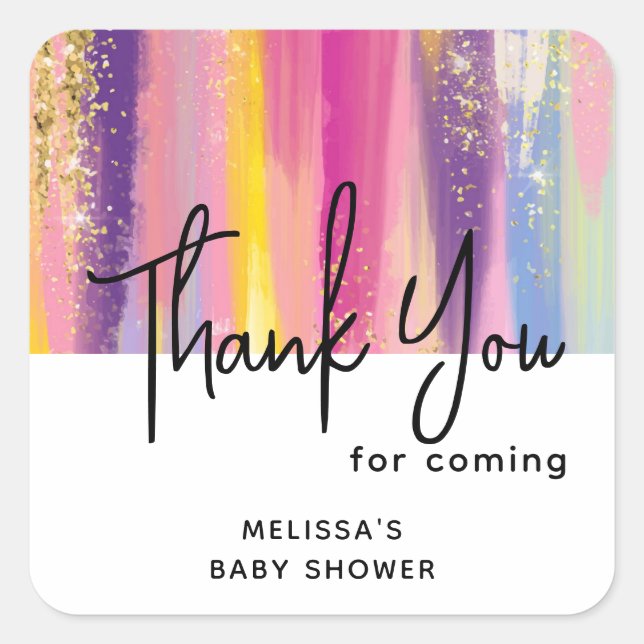 Rainbow Stripes with Faux Gold Glitter Baby Shower Square Sticker (Front)