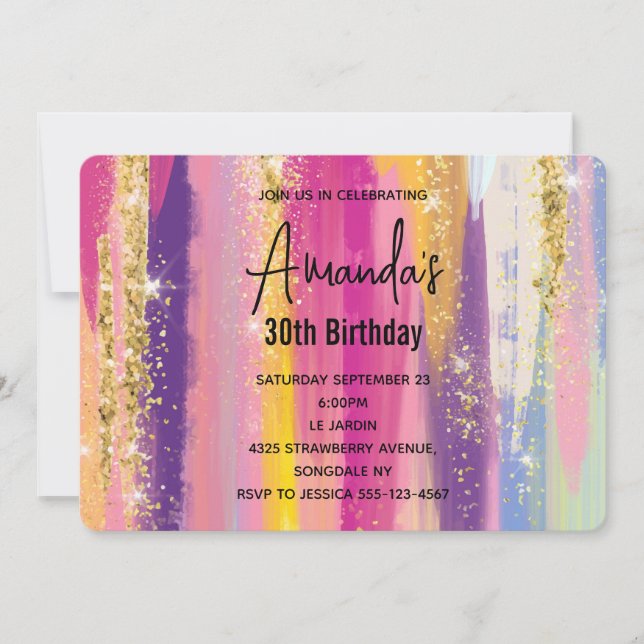 Rainbow Stripes with Faux Gold Glitter Birthday Invitation (Front)