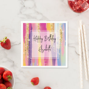 Rainbow Stripes with Faux Gold Glitter Birthday Napkin