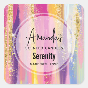 Rainbow Stripes with Faux Gold Glitter Candle Biz Square Sticker