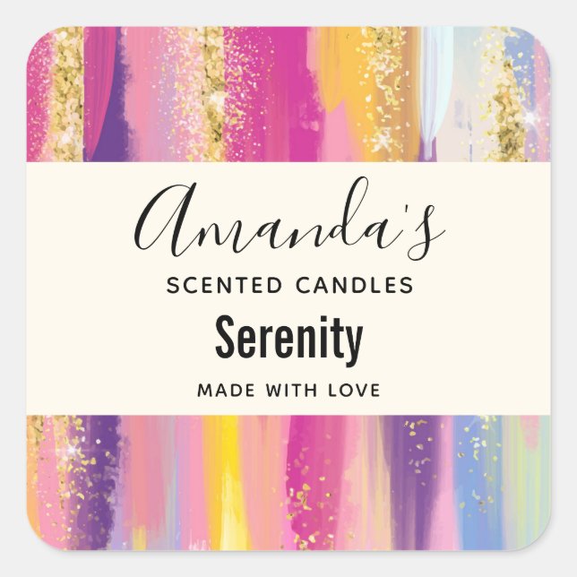 Rainbow Stripes with Faux Gold Glitter Candle Biz Square Sticker (Front)