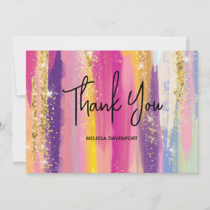 Rainbow Stripes with Faux Gold Glitter Thank You Card