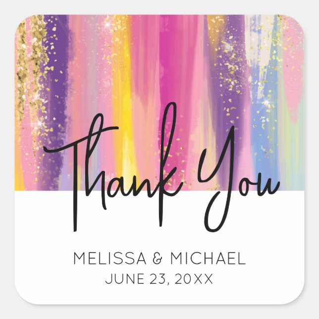 Rainbow Stripes with Faux Gold Glitter Wedding Square Sticker (Front)