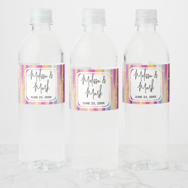 Rainbow Stripes with Faux Gold Glitter Wedding Water Bottle Label (Bottles)
