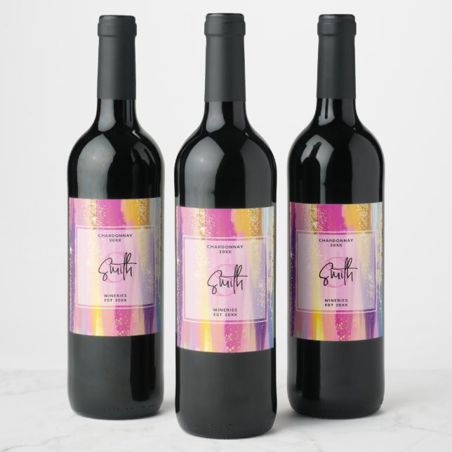 Rainbow Stripes with Faux Gold Glitter Wine Making Label (Bottles)