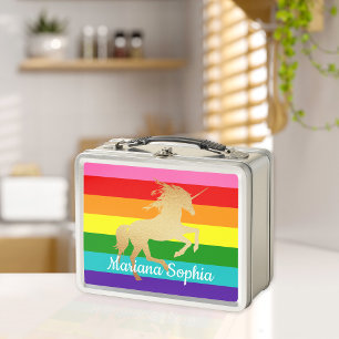 Rainbow StripesFaux Gold Unicorn Name Kids Metal Lunch Box