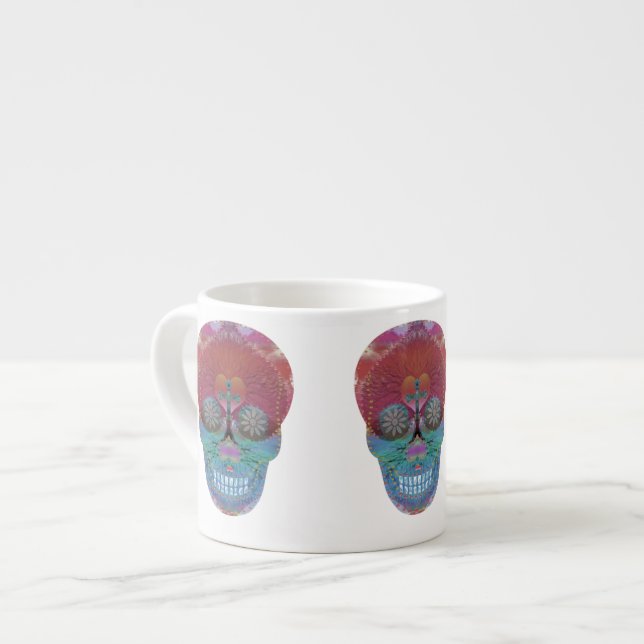 Rainbow sugar skull with tree of life and hearts espresso cup (Front Left)