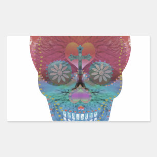 Rainbow sugar skull with tree of life and hearts rectangular sticker
