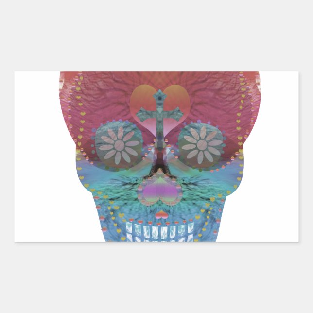 Rainbow sugar skull with tree of life and hearts rectangular sticker (Front)
