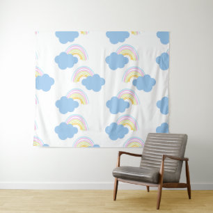 Rainbow Summer Clouds Pastel Scribble Doodle   Tapestry