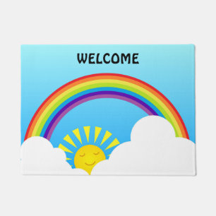 Rainbow sun and clouds doormat