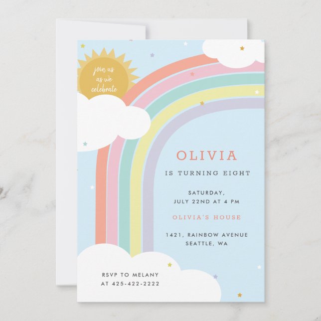 Rainbow, Sun and Clouds Kid's birthday Blue1 Invitation (Front)