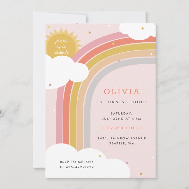 Rainbow, Sun and Clouds Kid's birthday Bright 2 Invitation (Front)
