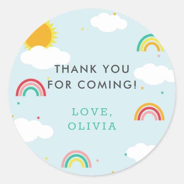 Rainbow, Sun and Clouds Kid's birthday party  Classic Round Sticker (Front)