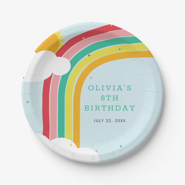 Rainbow, Sun and Clouds Kid's birthday party  Paper Plate (Front)