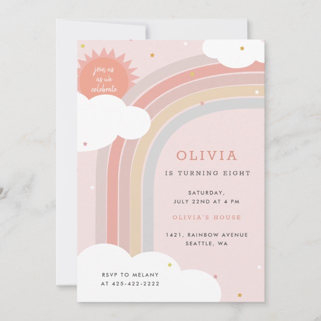 Rainbow, Sun and Clouds Kid's birthday Pink base Invitation (Front)
