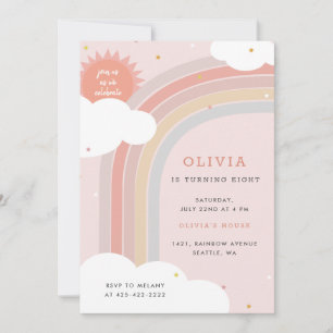 Rainbow, Sun and Clouds Kid's birthday Pink base Invitation