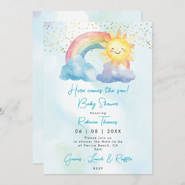 rainbow sun boy baby shower invitation (Front/Back)