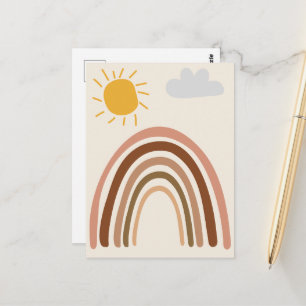 Rainbow Sun Cloud, Kids Drawing, Boho Abstract Art Postcard