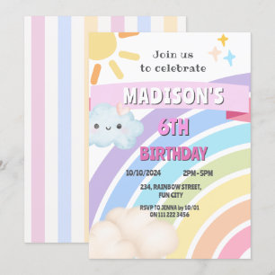 Rainbow Sun Cloud Kids Girl Cute Kawaii Birthday Invitation