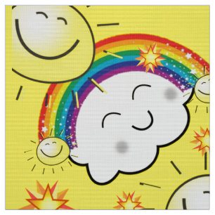 Rainbow Sun Clouds Yellow Fabric
