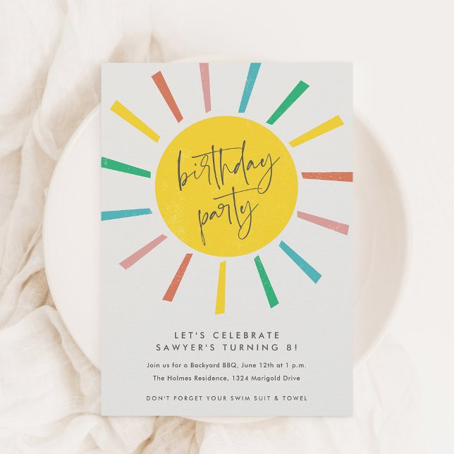 Rainbow Sun Script Kids Birthday Party Invitation (Creator Uploaded)
