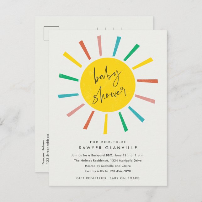 Rainbow Sun Script Modern Baby Shower Invitation Postcard (Front/Back)