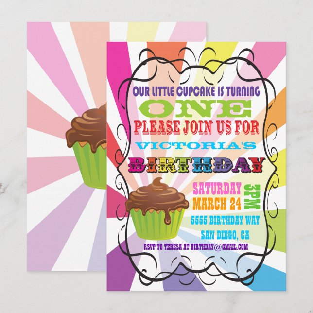 Rainbow Sunburst Cupcake Birthday Party Invitation (Front/Back)