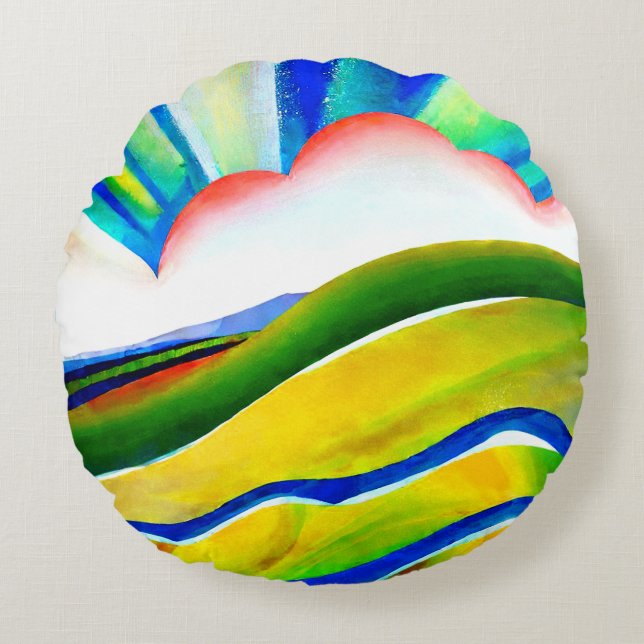 Rainbow Sunburst Landscape Round Cushion (Front)