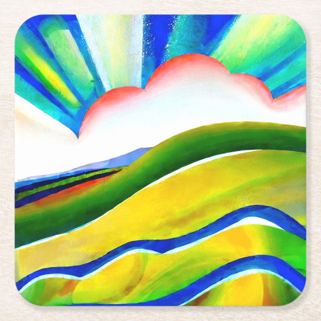 Rainbow Sunburst Landscape Square Paper Coaster (Front)