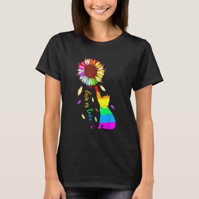 Rainbow Sunflower Cat Love Is Love LGBT Gay Lesbia T-Shirt (Front)