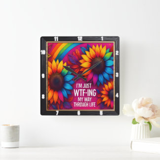 Rainbow Sunflower Wtf Life Square Wall Clock