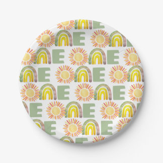 Rainbow & Suns Green 1st Birthday Watercolor Paper Plate