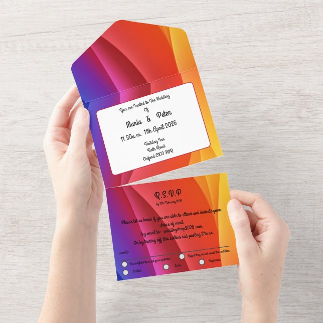 Rainbow sunset colours form the background to this all in one invitation (Tearaway)